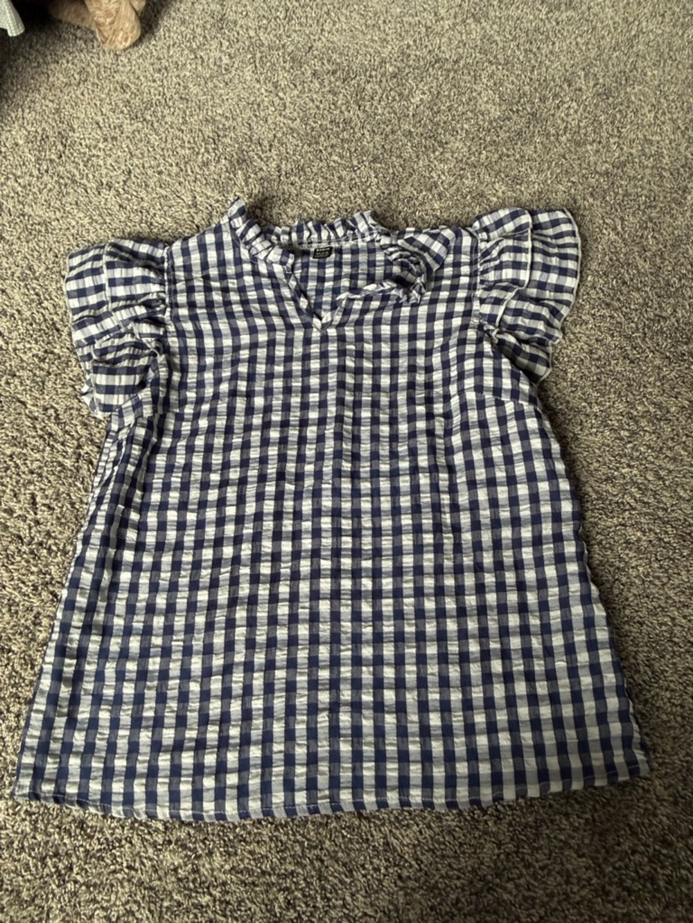 SHEIN Blue and White Gingham Ruffle Sleeve Blouse
